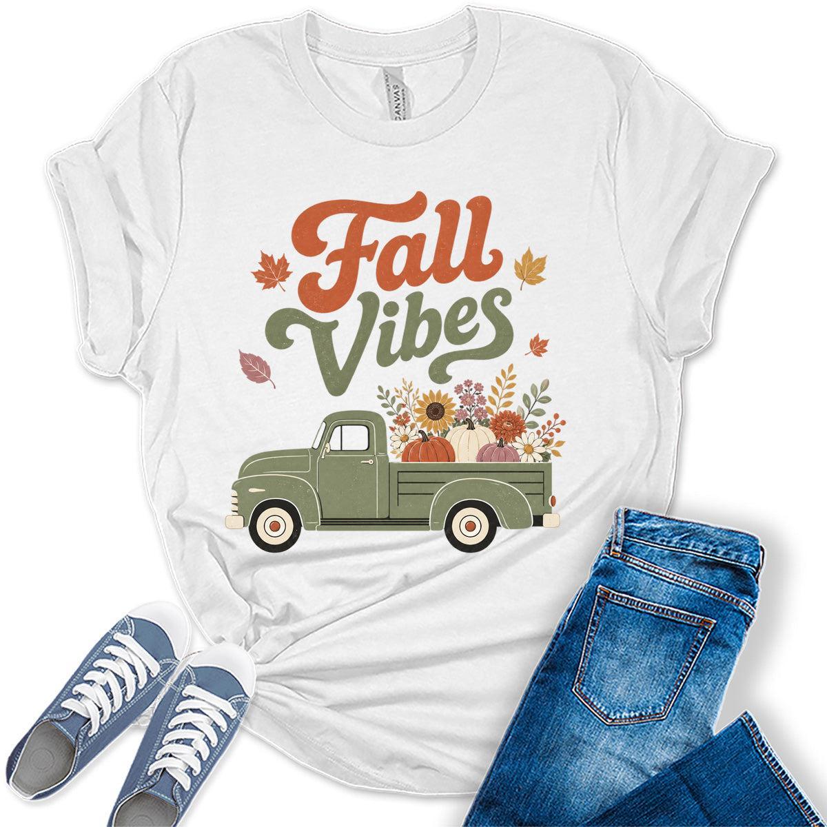 Womens Fall Vibes Pumpkin Truck Shirt - Retro Autumn Graphic Tee Cute