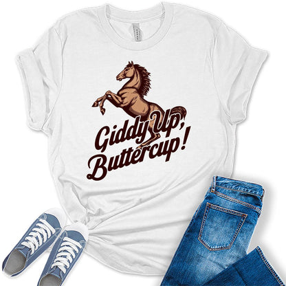 Western Outfit For Women Cowgirl Shirts Rodeo Giddy Up Buttercup Graphic Tees Bella Plus Sized Tops