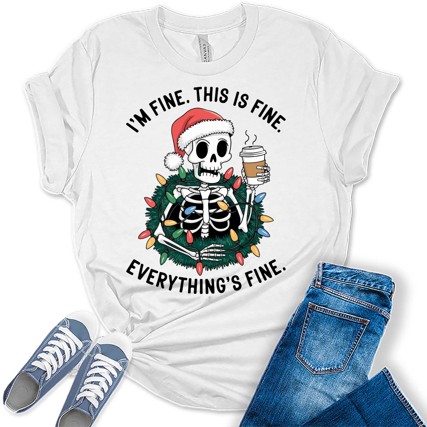 Women's Its Fine This Is Fine Christmas Skeleton Graphic Tees