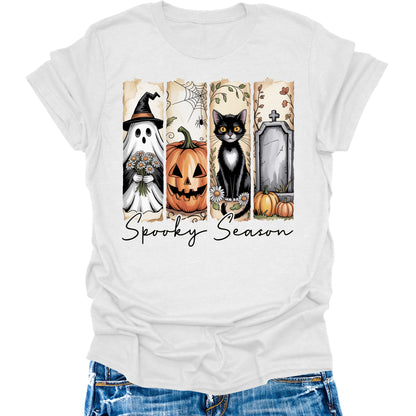 Halloween Spooky Season Shirts Womens Fall T-Shirts Cute Graphic Tees Thanksgiving Tops