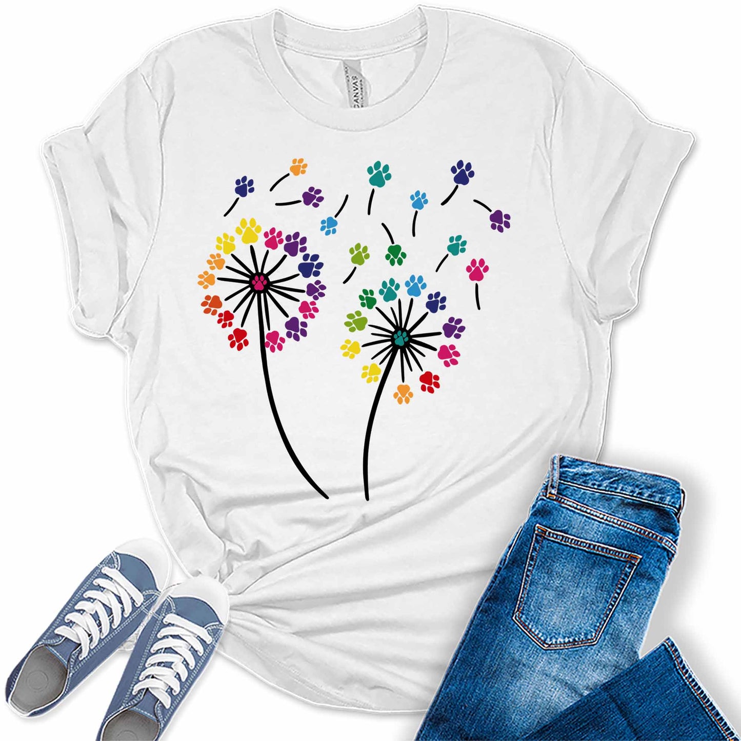 Women's Dandelion Graphic T-Shirts Loose Fit Cute Flower Paw Print Casual Tee Tops