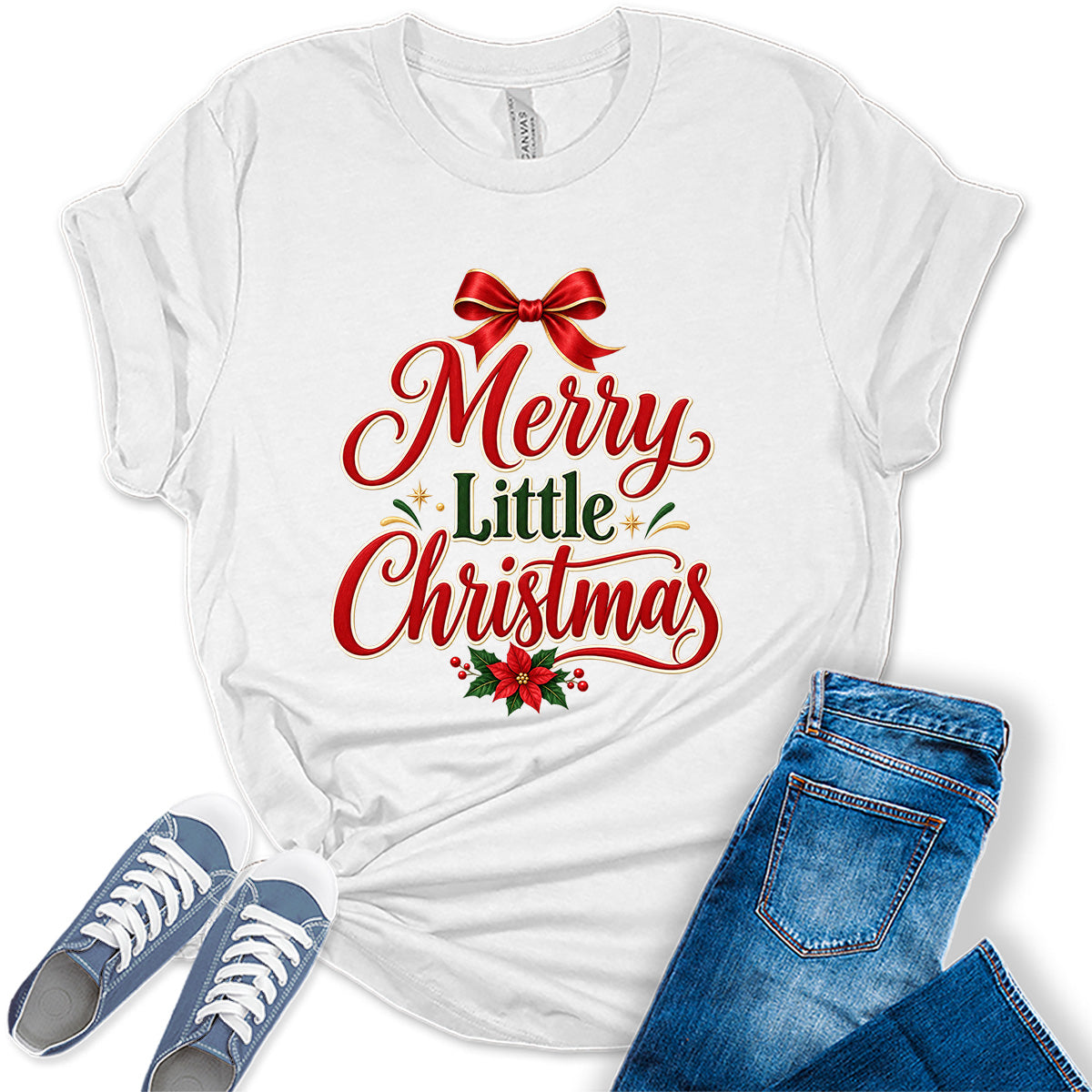 GyftWear Merry Little Christmas Bow Women's Holiday Graphic Tee Shirt