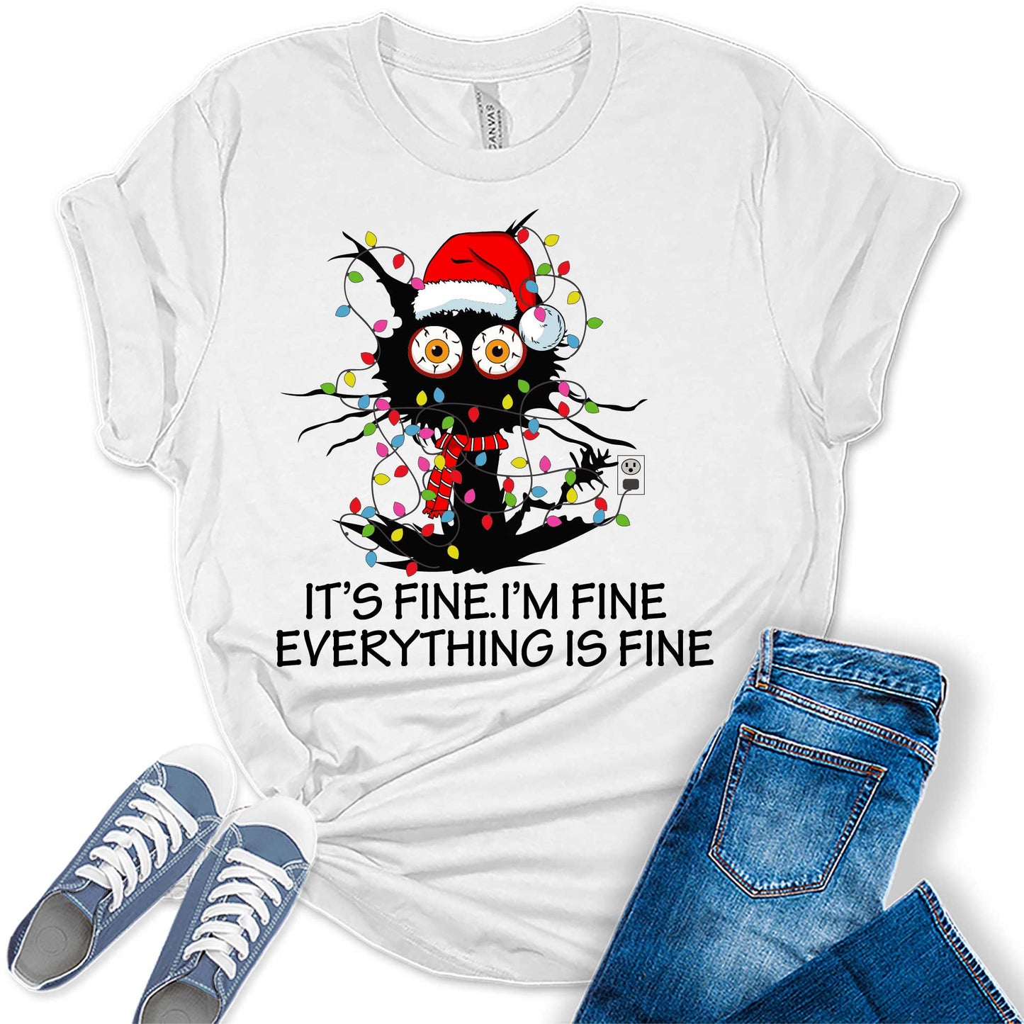 Women's Funny Christmas Shirt It's Fine I'm Fine Everything is Fine T Shirt Christmas Cat Holiday Graphic Tees