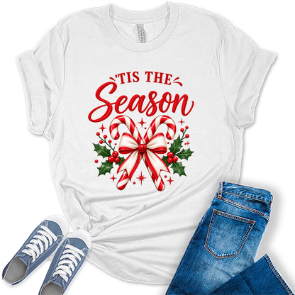 GyftWear Tis the Season Candy Cane Christmas Women's Graphic Tee Shirt
