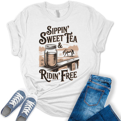 Western Outfit For Women Cowgirl Shirts Rodeo Sweet Tea Graphic Tees Bella Plus Sized Tops