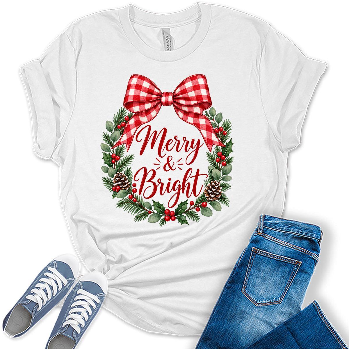 Merry & Bright Christmas Wreath Bow Women's Graphic Tee Shirt