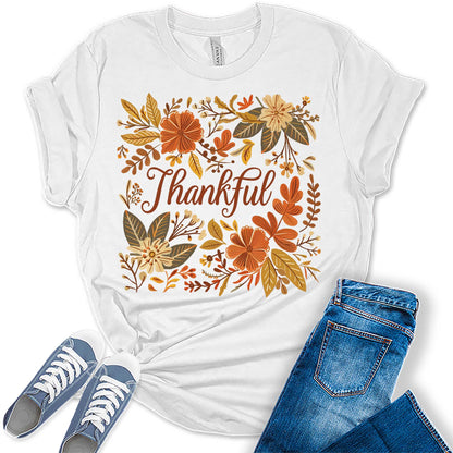 Thankful Floral Fall Graphic Tees for Women