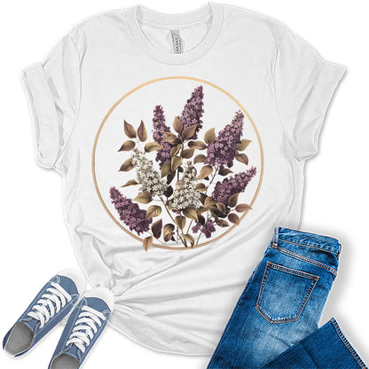 Trendy Purple Floral Circle Graphic Tees for Women