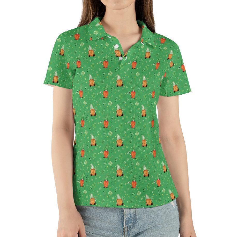 St Patricks Day Polo Golf Shirt for Women Irish Gnome Clover Pattern Moisture Wicking Short Sleeve Top