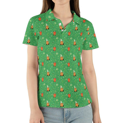 St Patricks Day Polo Golf Shirt for Women Irish Gnome Clover Pattern Moisture Wicking Short Sleeve Top