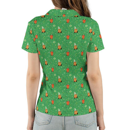 St Patricks Day Polo Golf Shirt for Women Irish Gnome Clover Pattern Moisture Wicking Short Sleeve Top