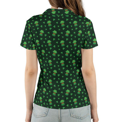 St Patricks Day Polo Golf Shirt for Women Lucky Clover Shamrock Hat Moisture Wicking Short Sleeve Top