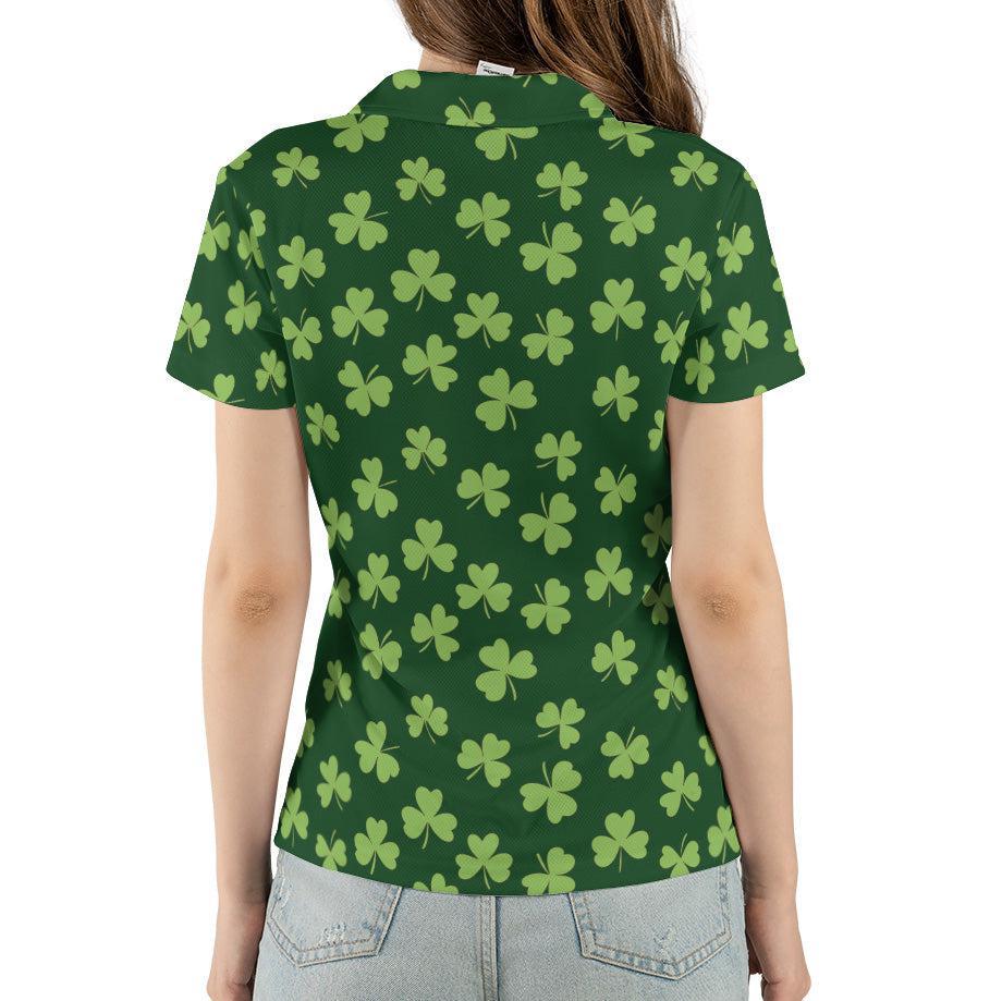 St Patricks Day Polo Golf Shirt for Women Dark Green Shamrock Clover Print Moisture Wicking Short Sleeve Top