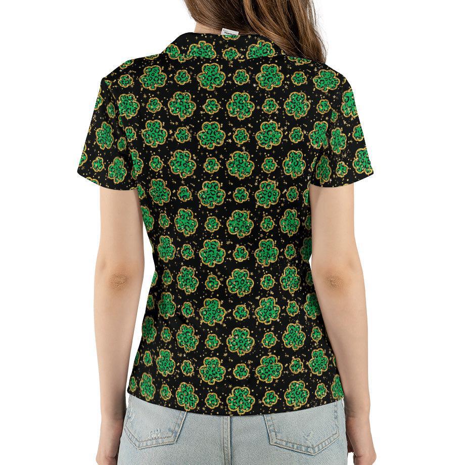 St Patricks Day Polo Golf Shirt for Women Lucky Four Leaf Clover Gold Accents Moisture Wicking Short Sleeve Top