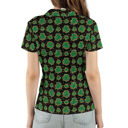 St Patricks Day Polo Golf Shirt for Women Lucky Four Leaf Clover Gold Accents Moisture Wicking Short Sleeve Top