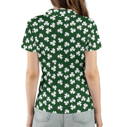 St Patricks Day Polo Golf Shirt for Women White Shamrock Clover Pattern Moisture Wicking Short Sleeve Top