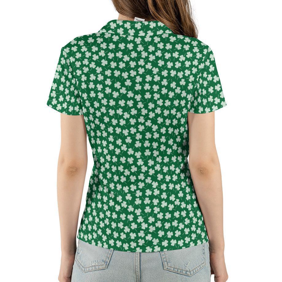 St Patricks Day Polo Golf Shirt for Women Shamrock Clover Print Moisture Wicking Short Sleeve Top
