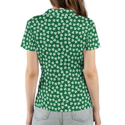St Patricks Day Polo Golf Shirt for Women Shamrock Clover Print Moisture Wicking Short Sleeve Top