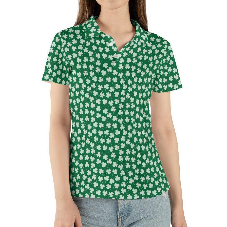 St Patricks Day Polo Golf Shirt for Women Shamrock Clover Print Moisture Wicking Short Sleeve Top