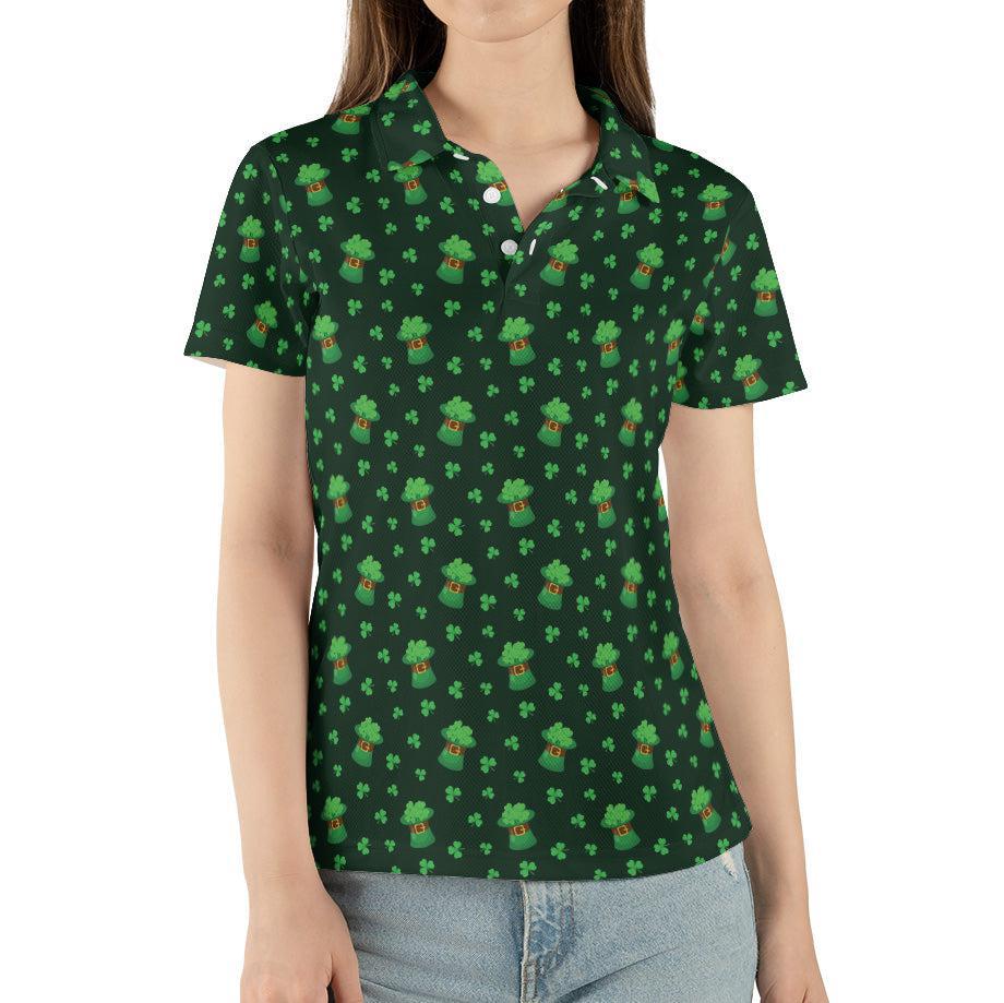 St Patricks Day Polo Golf Shirt for Women Lucky Clover Shamrock Hat Moisture Wicking Short Sleeve Top