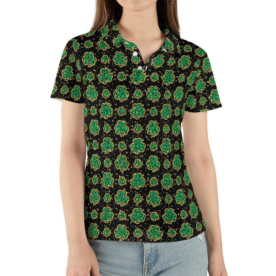 St Patricks Day Polo Golf Shirt for Women Lucky Four Leaf Clover Gold Accents Moisture Wicking Short Sleeve Top