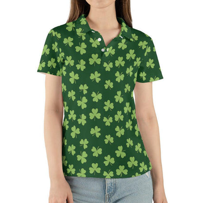 St Patricks Day Polo Golf Shirt for Women Dark Green Shamrock Clover Print Moisture Wicking Short Sleeve Top