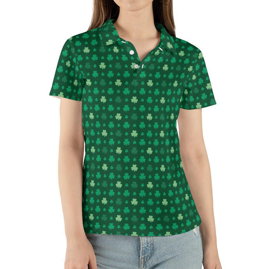 St Patricks Day Polo Golf Shirt for Women Lucky Shamrock Clover Print Moisture Wicking Short Sleeve Top