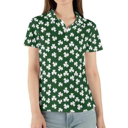 St Patricks Day Polo Golf Shirt for Women White Shamrock Clover Pattern Moisture Wicking Short Sleeve Top