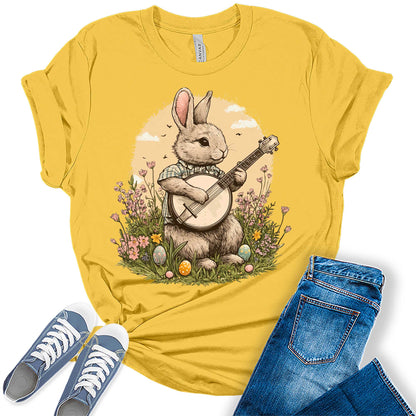 Women's Easter Bunny Playing Banjo Cottagecore Shirts Cute Trendy Casual Graphic Tees Bella Plus Sized Tops