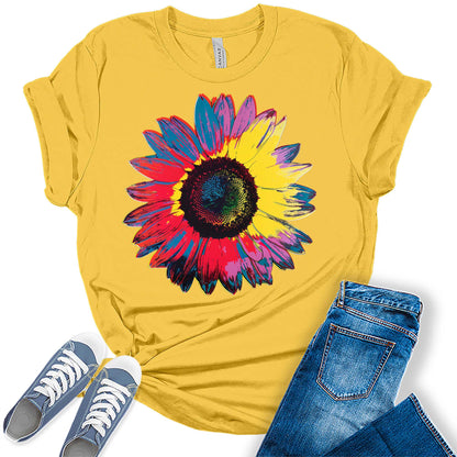 Groovy Sunflower Shirt Trendy Summer Graphic Tees for Women Cute Floral Plus Size Tops