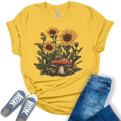 Women's Sunflower Frog Summer Shirts Cottagecore Cute Trendy Casual Graphic Tees Bella Plus Sized Tops