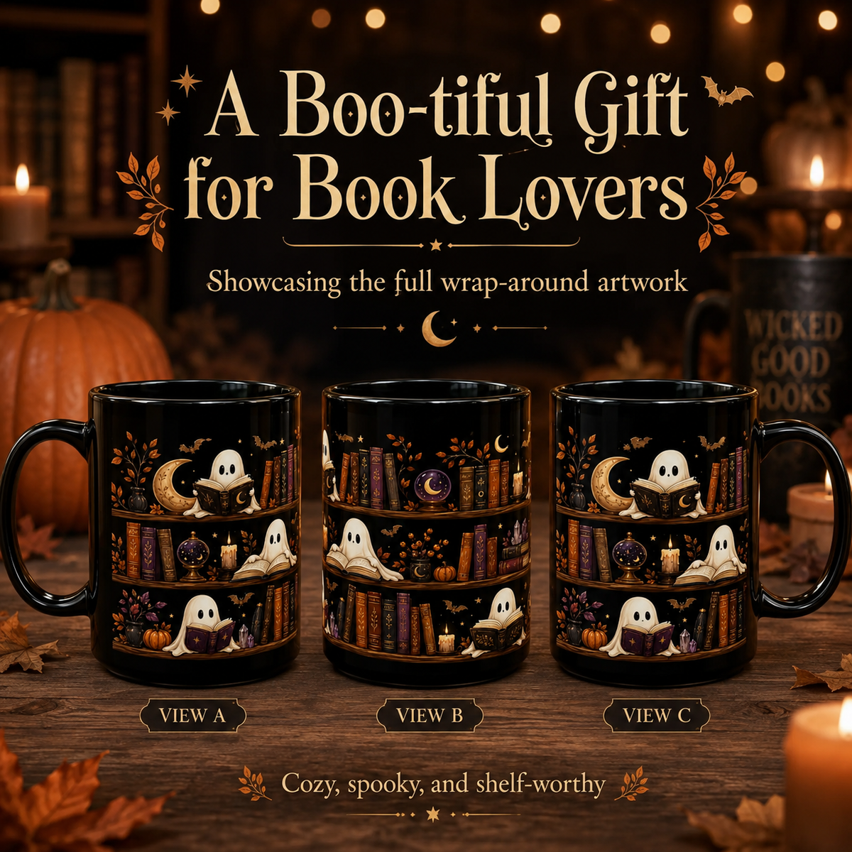Funny Ghost Reading Books Halloween Mug 15oz - Spooky Bookshelf Coffee Cup