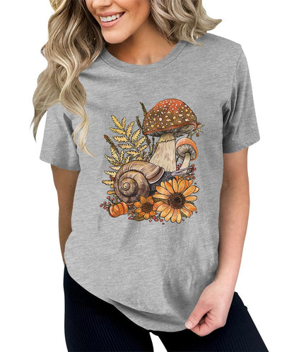 Fall Mushroom Snail Flowers Goblincore Graphic Tees For Women