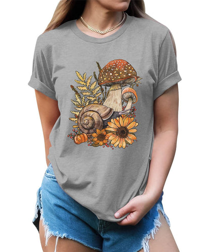 Fall Mushroom Snail Flowers Goblincore Graphic Tees For Women