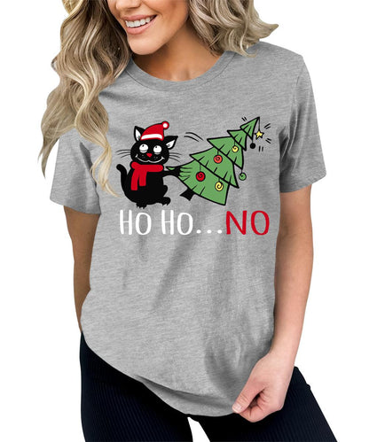 Funny Cat Tshirts Ho Ho No Christmas Shirts for Women Holiday Graphic Tees