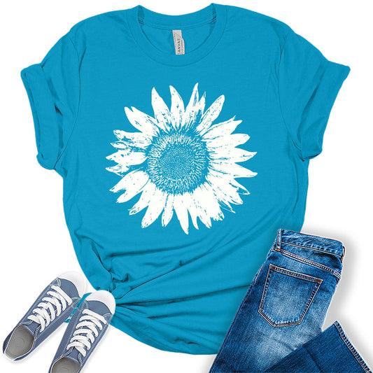 Women's Summer Short Sleeve Cute Sunflower Graphic Printed Tee Vintage T Shirt Cotton Tops Novelty Shirts