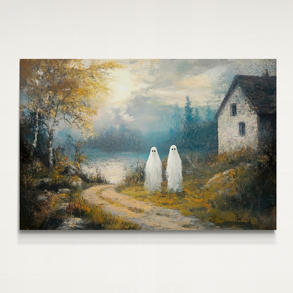 Vintage Halloween Ghost Wall Art ,Rustic Landscape Wall Decor, Cute Ghost Decor Wall Art, Aesthetic Halloween Wall Decor 1.5" Canvas Wrap