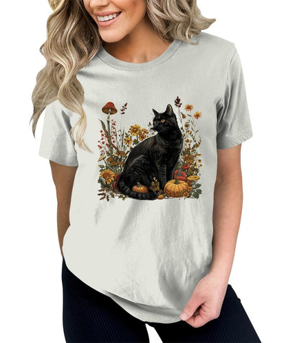 Fall Black Cat Graphic Tees For Women