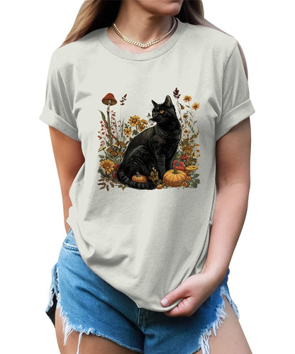 Fall Black Cat Graphic Tees For Women