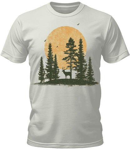 Mens Deer Forest Camping Sunset Graphic Tee Cool Premium Tshirt