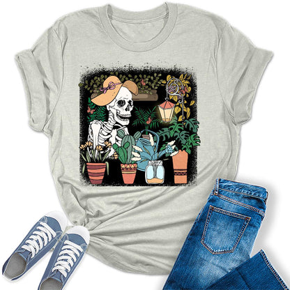 Women's Skeleton Watering Plants Shirt Funny Planting Lovers Gardener Graphic Tees