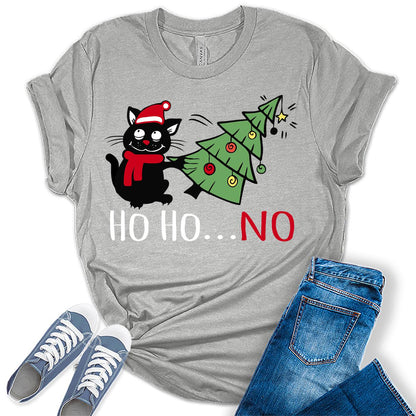 Funny Cat Tshirts Ho Ho No Christmas Shirts for Women Holiday Graphic Tees