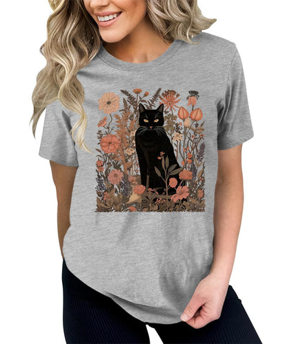 Women's Black Cat Wildflower Graphic Tees