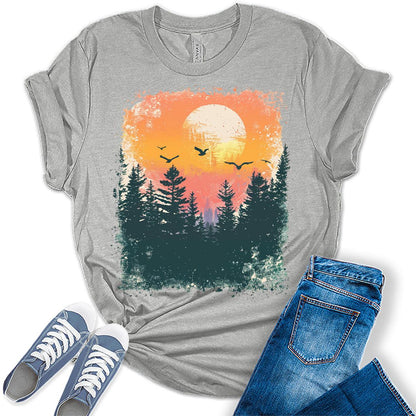 Women Sunset Forest Tree Shirt Funny Summer Vacation Holiday Graphic Tees