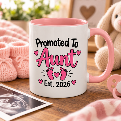 Promoted To Aunt Est. 2026 Mug - New Aunt Pregnancy Announcement Gift - 11oz Pink Accent Coffee Mug