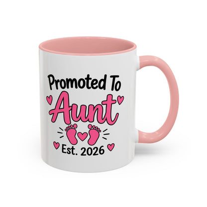 Promoted To Aunt Est. 2026 Mug - New Aunt Pregnancy Announcement Gift - 11oz Pink Accent Coffee Mug