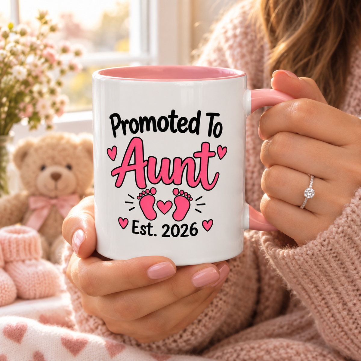 Promoted To Aunt Est. 2026 Mug - New Aunt Pregnancy Announcement Gift - 11oz Pink Accent Coffee Mug