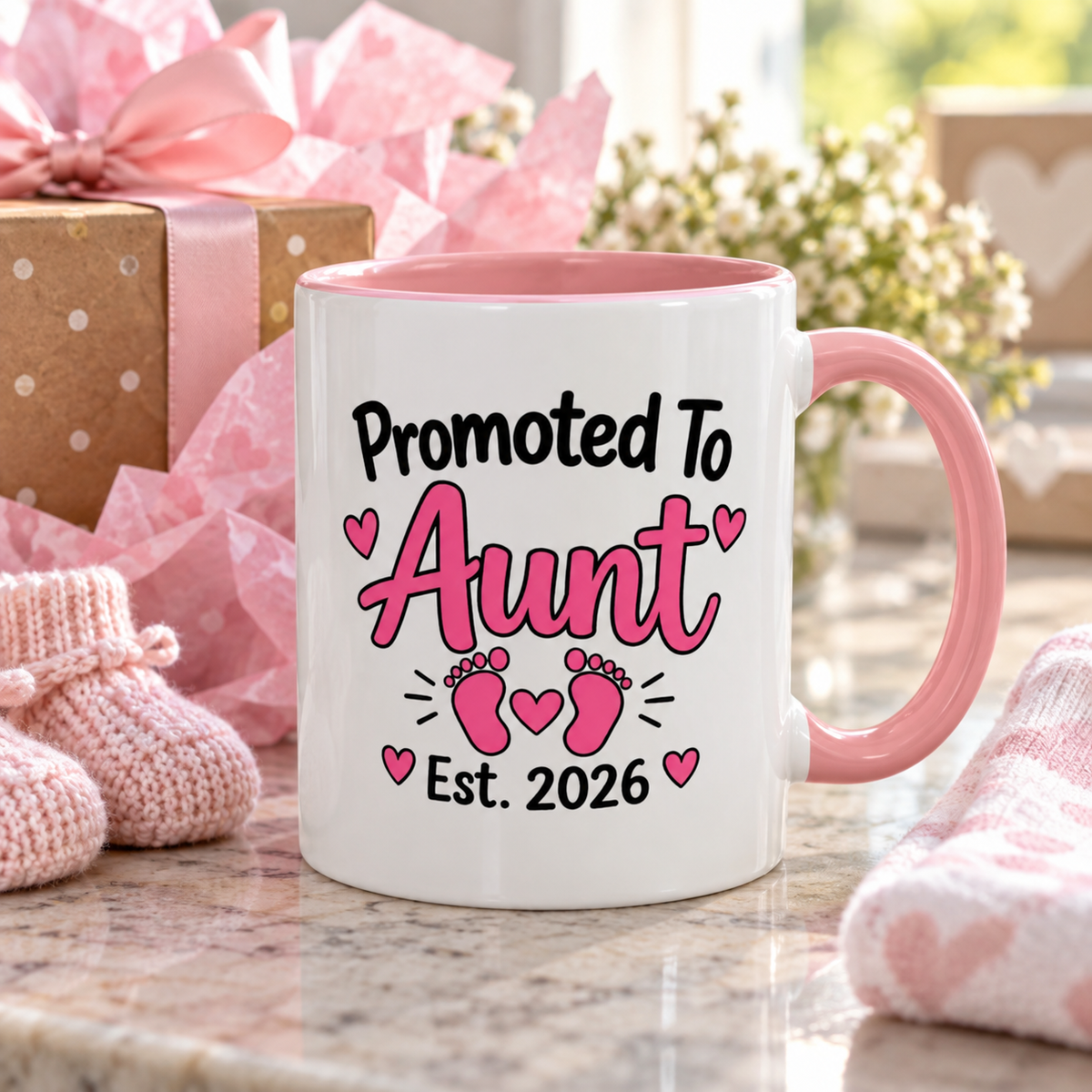 Promoted To Aunt Est. 2026 Mug - New Aunt Pregnancy Announcement Gift - 11oz Pink Accent Coffee Mug