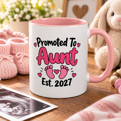 Promoted To Aunt Est. 2027 Mug - New Aunt Pregnancy Announcement Gift - 11oz Pink Accent Coffee Mug