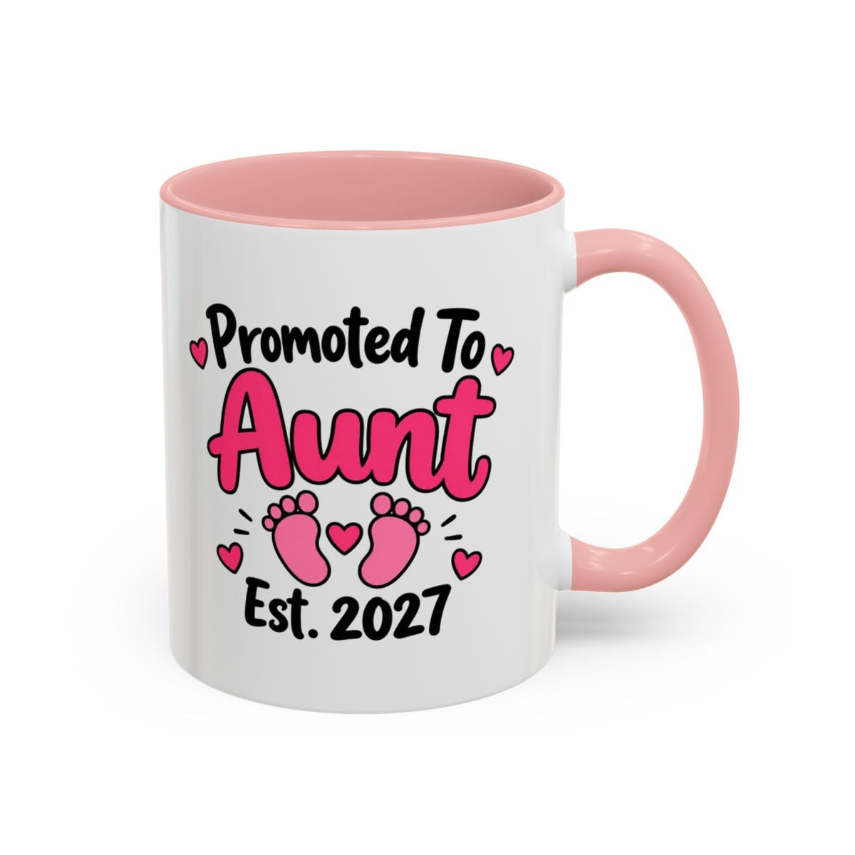 Promoted To Aunt Est. 2027 Mug - New Aunt Pregnancy Announcement Gift - 11oz Pink Accent Coffee Mug